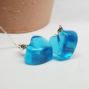 Handmade Blue Heart Translucent Jelly Dangle Drop Earrings 1.5 inches NEW